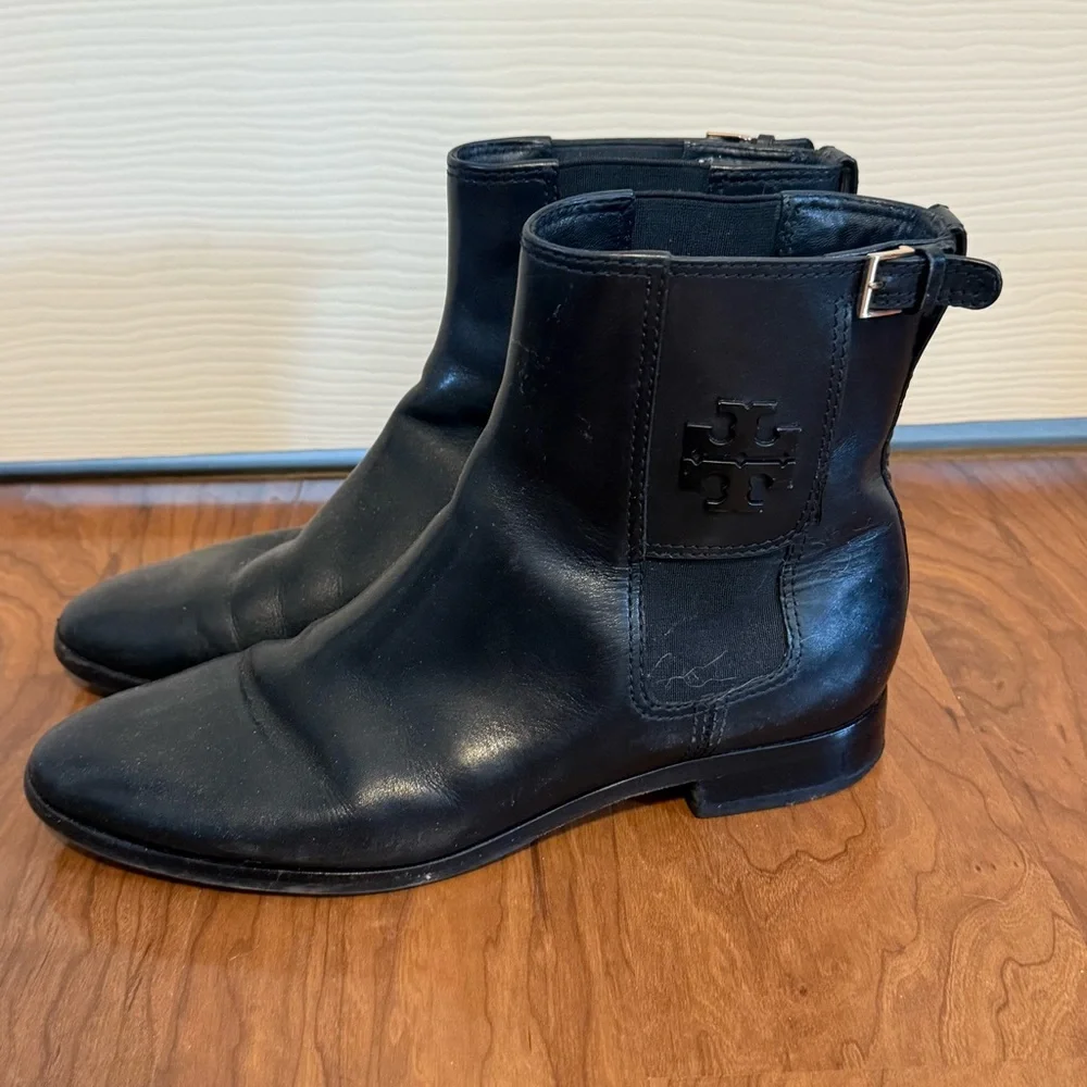 Tory Burch Wyatt Mid-Calf Leather Booties Black‎ size 10
